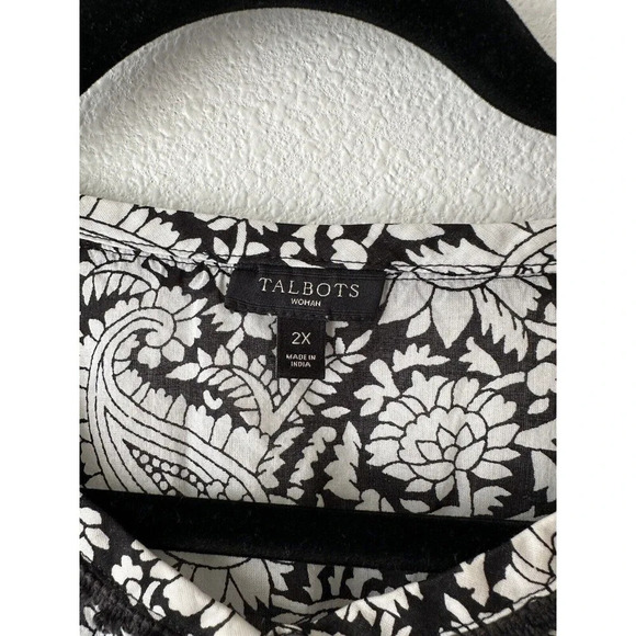 Talbots 2X Paisley Popover Blouse Top Black White Long Sleeve Embroidered Office - Picture 2 of 9